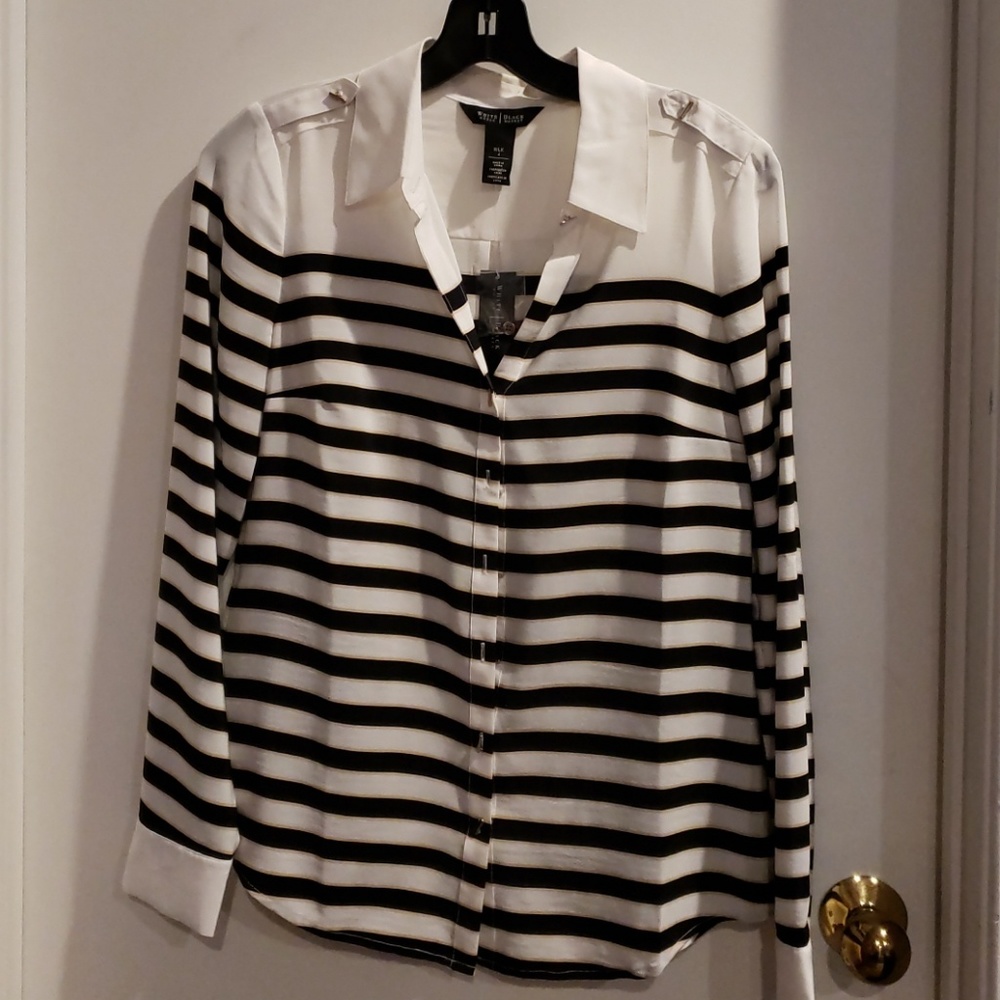 Black white &gold striped silk blouse